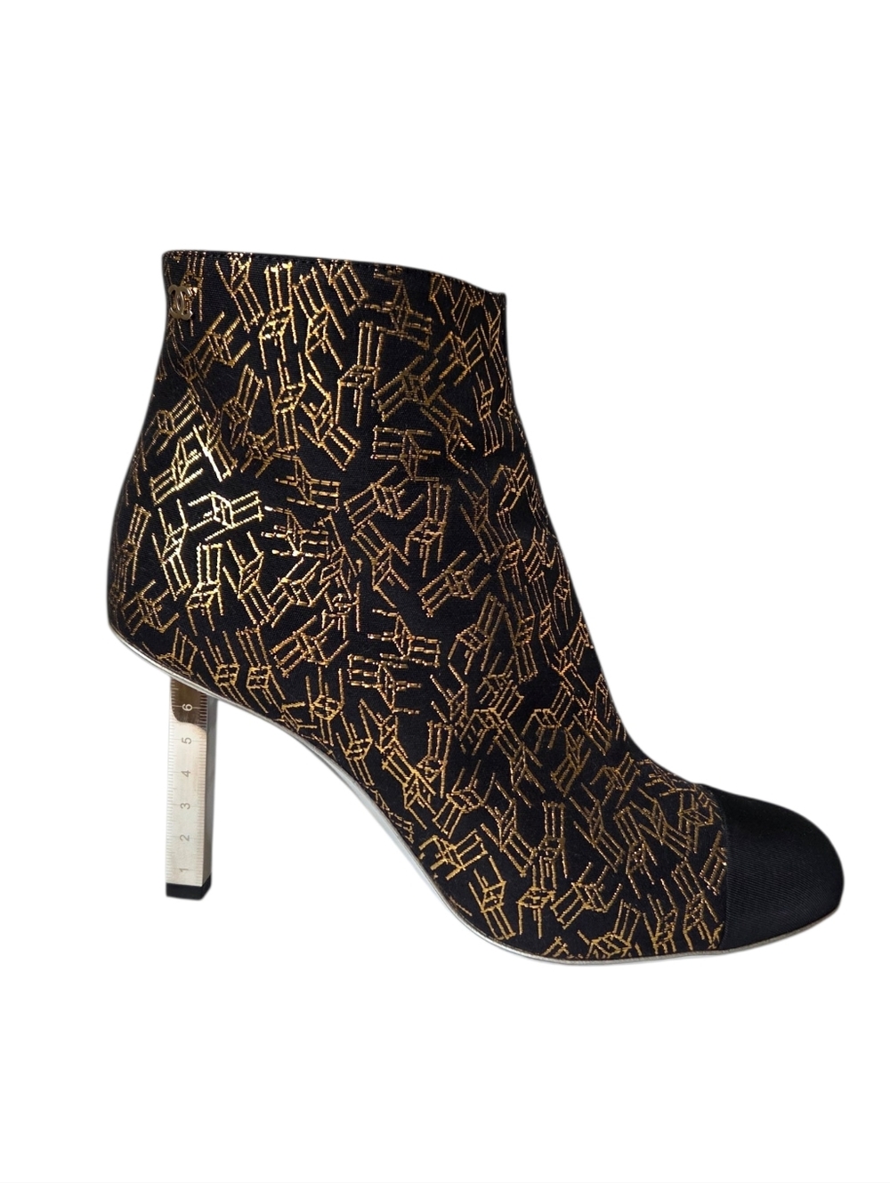 CHANEL CC Logo Cap Toe Ankle Boots With Metal Ruler Heels Gold Chair Print 37.5 - Picture 3 of 16